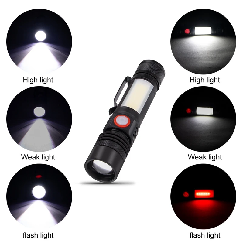 SEWS-LED Flashlight Waterproof Flashlight Magnetic Torch Zoom T6+COB With A Clip Portable Hand Light 18650 Battery