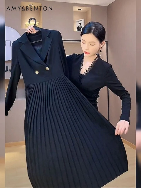 Women's Spring Autumn High-Grade Black Business Suit Dress Female Black  Elegant Fashion Socialite Pleated Long Sleeve Dress - AliExpress