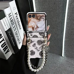 Luxury Black Rose Floral Case with Pearl Leather Bracelet for Motorola Razr 60 Ultra (A)