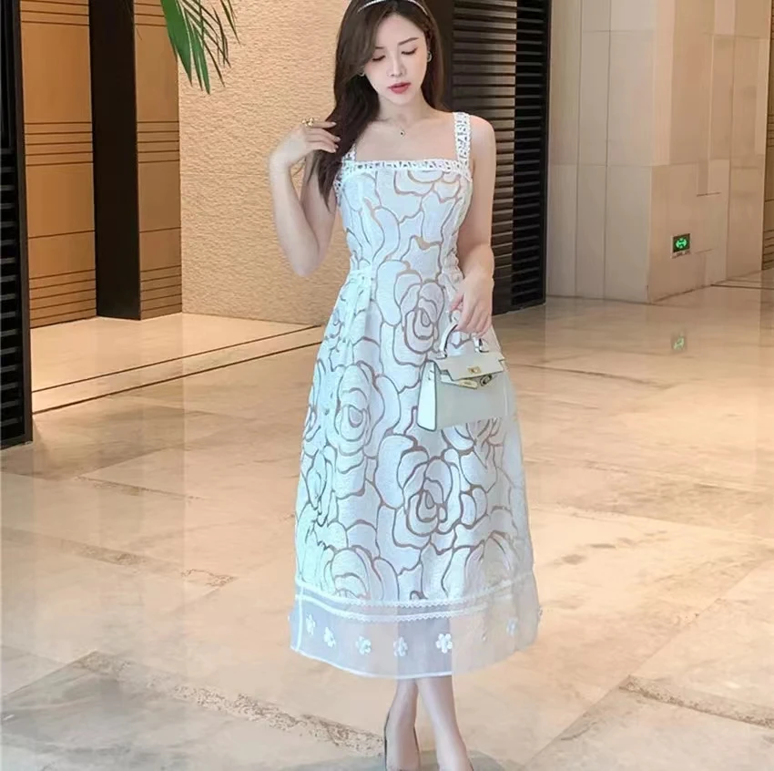 

Женское Сетчатое платье без бретелек, белое платье с цветочной вышивкой без рукавов в пляжном приморском стиле, 2023