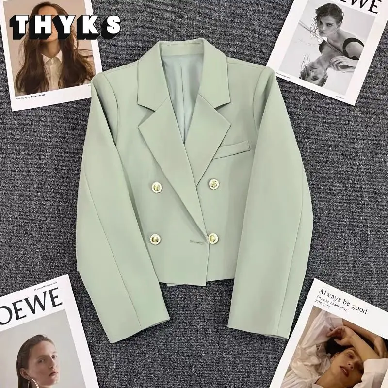 

Women Double Breasted Solid Color Suit Jacket Slim Fit Small Blazers Temperament Commuting Long Sleeved Short Suit Versatile