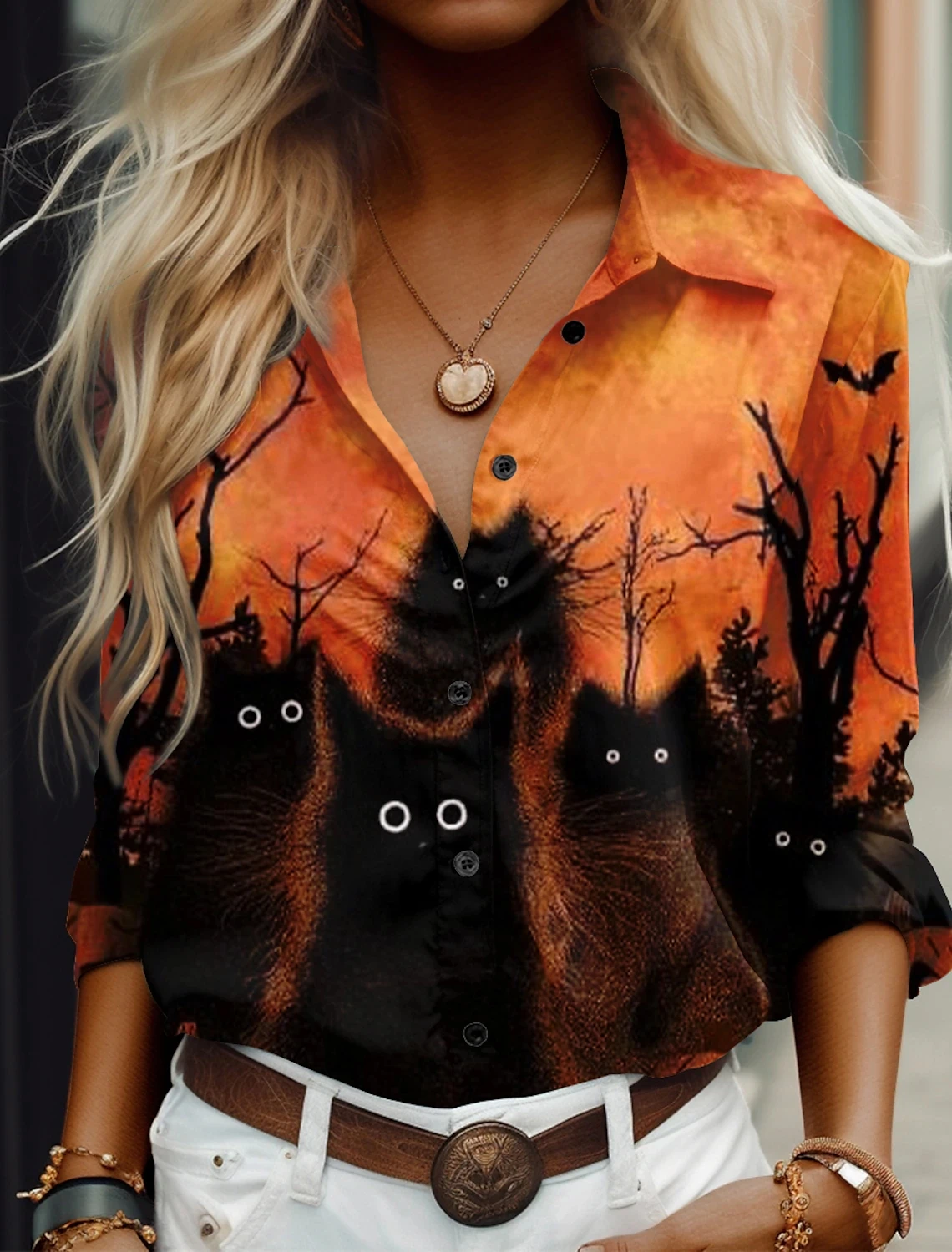 Camicetta Hallowmas Da Donna Autunno Inverno Camicia Arancione Con Bottoni Grafici Stampa 3D Manica Lunga Streetwear Camicia Casual Top Xs--8Xl