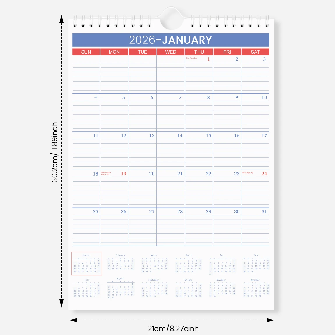 Large Wall Calendar for 2026 - Monthly Hanging Planner with Ample Writing Space, Spiral Bound for Home Office Organization