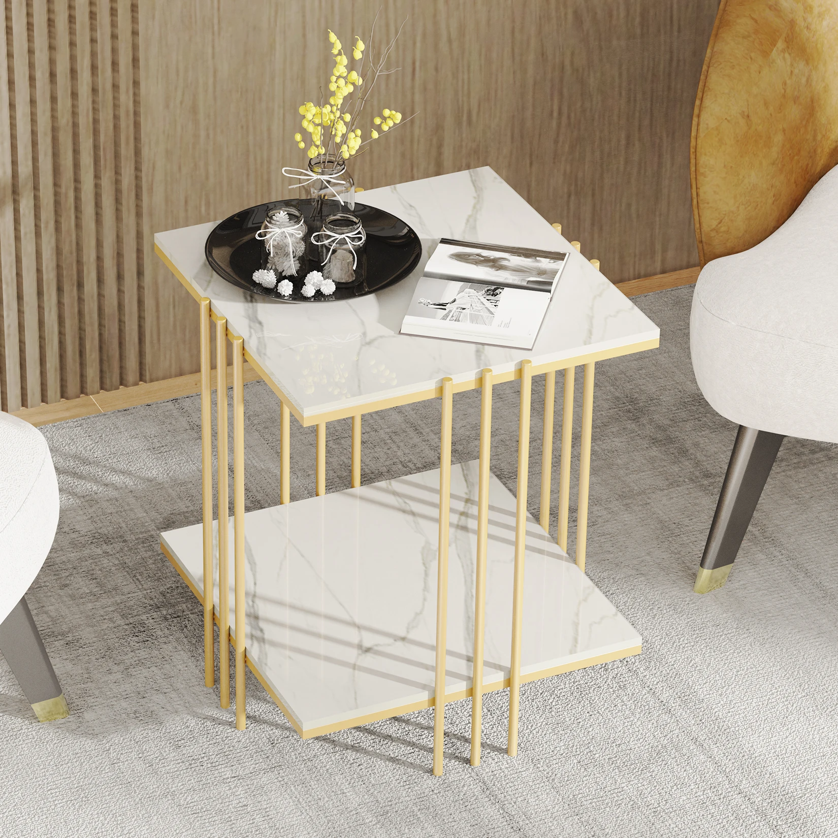 Tea Table End Table For Office Coffee Table Square Marble Top Gold Legs Magazine Shelf Small Desk Bedroom Living Room Furniture