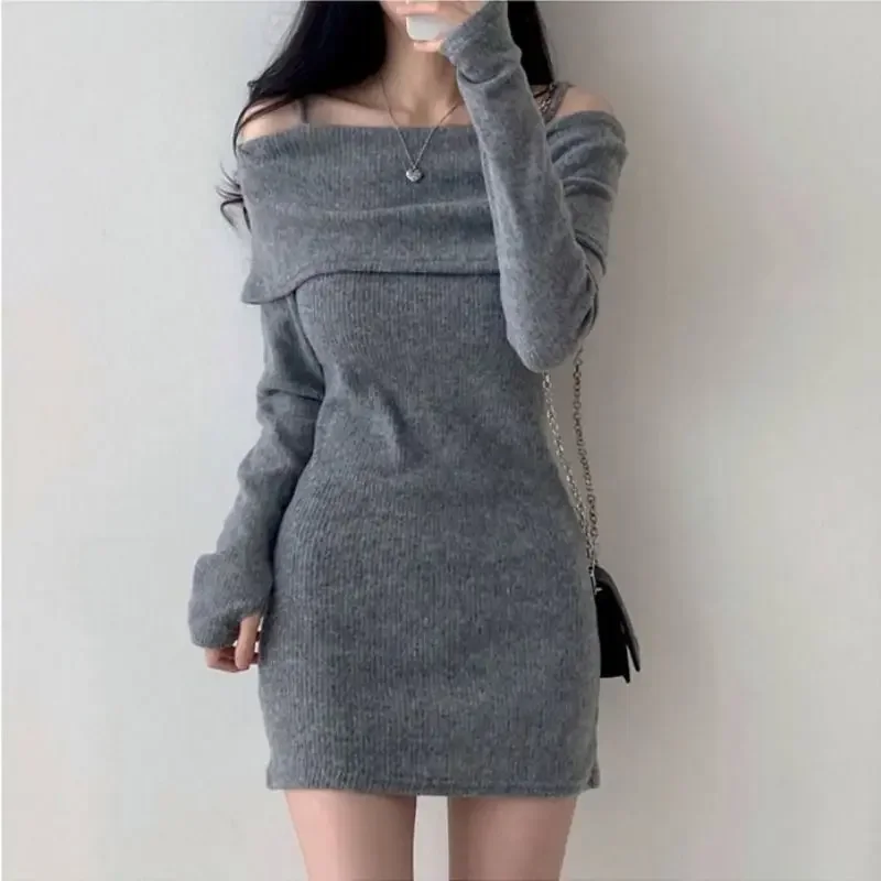

Fashion Autumn Winter New One Line Neck Slim Long Sleeve Knitted Dress Solid Sexy Open Drop Strap Hip Wrap Short Dresses V931