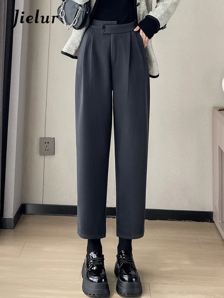 Jielur Fashion Office Lady Harem Pants Double Buttons Chic Casual Loose Simple Women's Pants Zipper Black Coffee Female Trousers stylish front split flare jeans vintage ripped stretch high waist skinny denim pants blue coffee denim trousers 2022 fashion