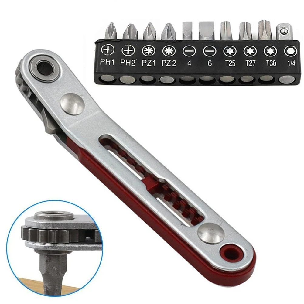 Tournevis à Cliquet Angledroit 90° + 10 Embouts S2/Chrome-Vanadium - Set 11 Pièces