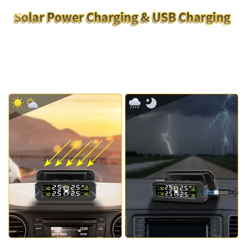 Car Tire Pressure Monitoring System Tyre Sensor Solar Charge Bracket 360 Adjustable IP68 Waterproof 6 bar