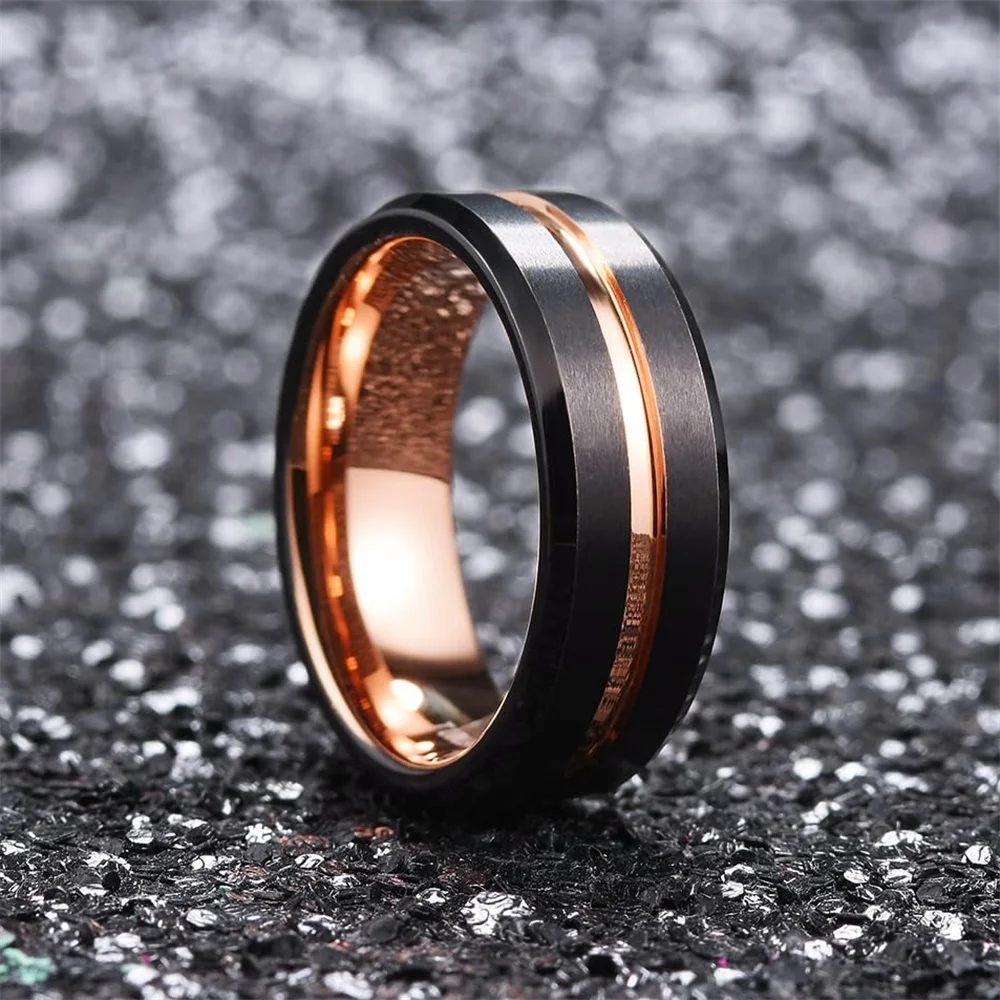 8mm Men Stainless Steel Wedding Rings Black Brushed Rose Gold Color Groove Beveled Edge Engagement Rings Jewelry
