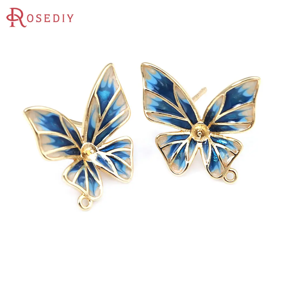 

2PCS 18K Gold Color Brass with Oil Paintings Can Fit Beads Butterfly Stud Earrings Pins Earrings High Quality Diy Jewelry Making