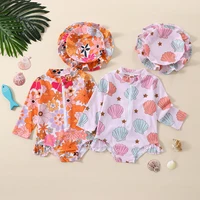 0-2 Years Toddler Baby Girls Swimwear Infant Spring Summer Swimsuit Long Sleeve Floral/Shell Print Bathing Suit with Hat Outfit 1