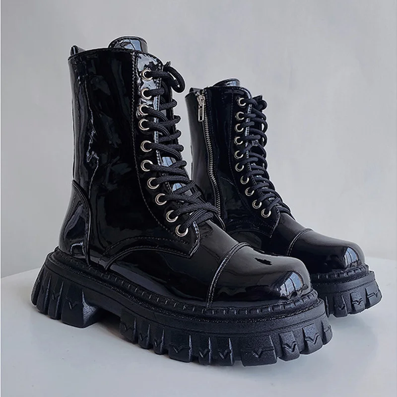 

New 2022 Cool Punk Women Motorcycle Boots Lace Up Chunky Platform Goth Shoes Casual Brand Combat Street Shoes Zapatos De Muje