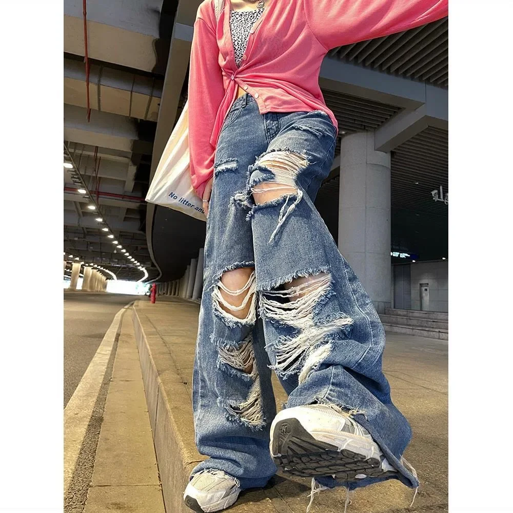 Jeans rasgados retos para senhoras, calças largas soltas, calças High  Street Cargo, cintura média, streetwear de verão Y2K - AliExpress