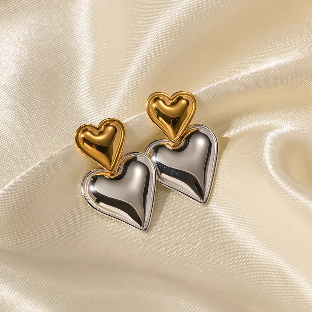 Wasserdichte große Doppel-Herz-Anhänger-Ohrringe, vergoldeter Edelstahl, Modeschmuck, Geschenke für Frauen und Damen – Detail 5