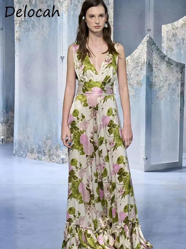 

Женское платье-трапеция Delocah, длинное платье трапециевидной формы с v-образным вырезом и цветочным принтом, лето Вечерние