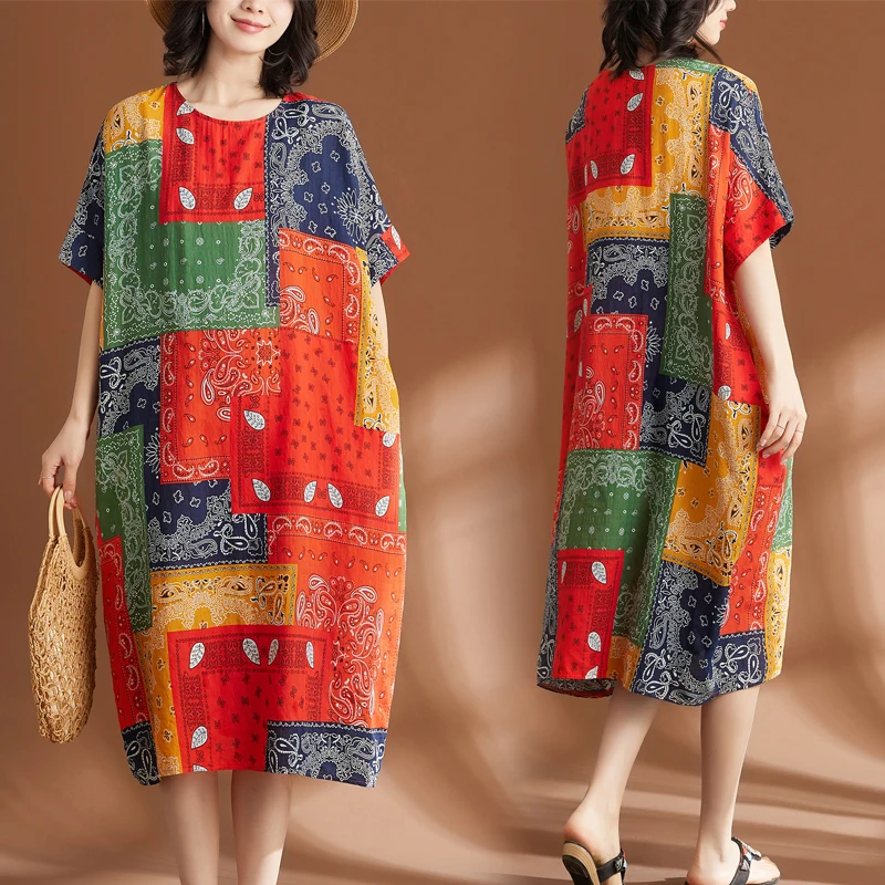 

High Quality 2024 Women's Holiday Dress Linen And Cotton Summer Vintage Print O Neck Oversize Female Casual Dresses X1000