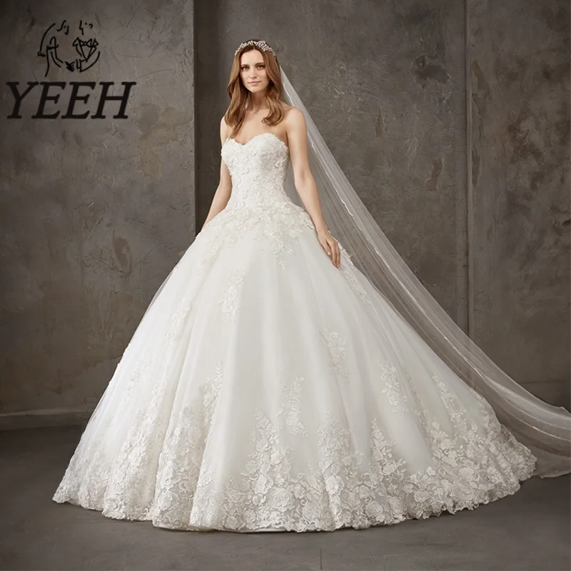 

YEEH Sweetheart Neckline Wedding Dress Exquisite Lace Appliques Tulle Bridal Ball Gown Court Train Vestido De Noiva for Bride