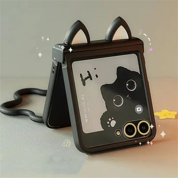 Korean Japan Cute Cat Ears Black Phone Case For For Motorola Razr 60 50ultra Razr 40 Ultra For Samsung Galaxy Z Flip 7/6/5/4/3 1