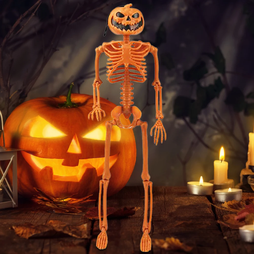

Модель скелета с головой тыквы, регулируемые суставы, лучший подарок для Хэллоуина, реальный размер, каркас для искусственного сада