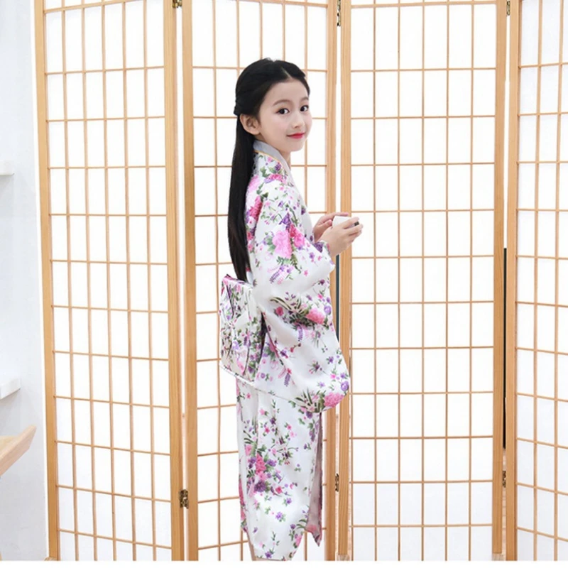 Japanese Kimono Children Kimono Traditional Japanese Style Floral Yukata Dress Kids Obi Vintage Samurai Halloween Cosply Costume Haori Outfit