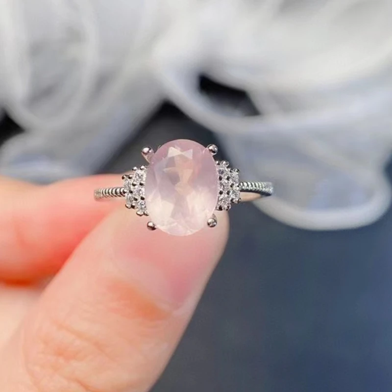 Fashion Gemstone Ring For Daily Wear 7mm*9mm Natural Rose Quartz Ring 925 Silver Rose Quartz