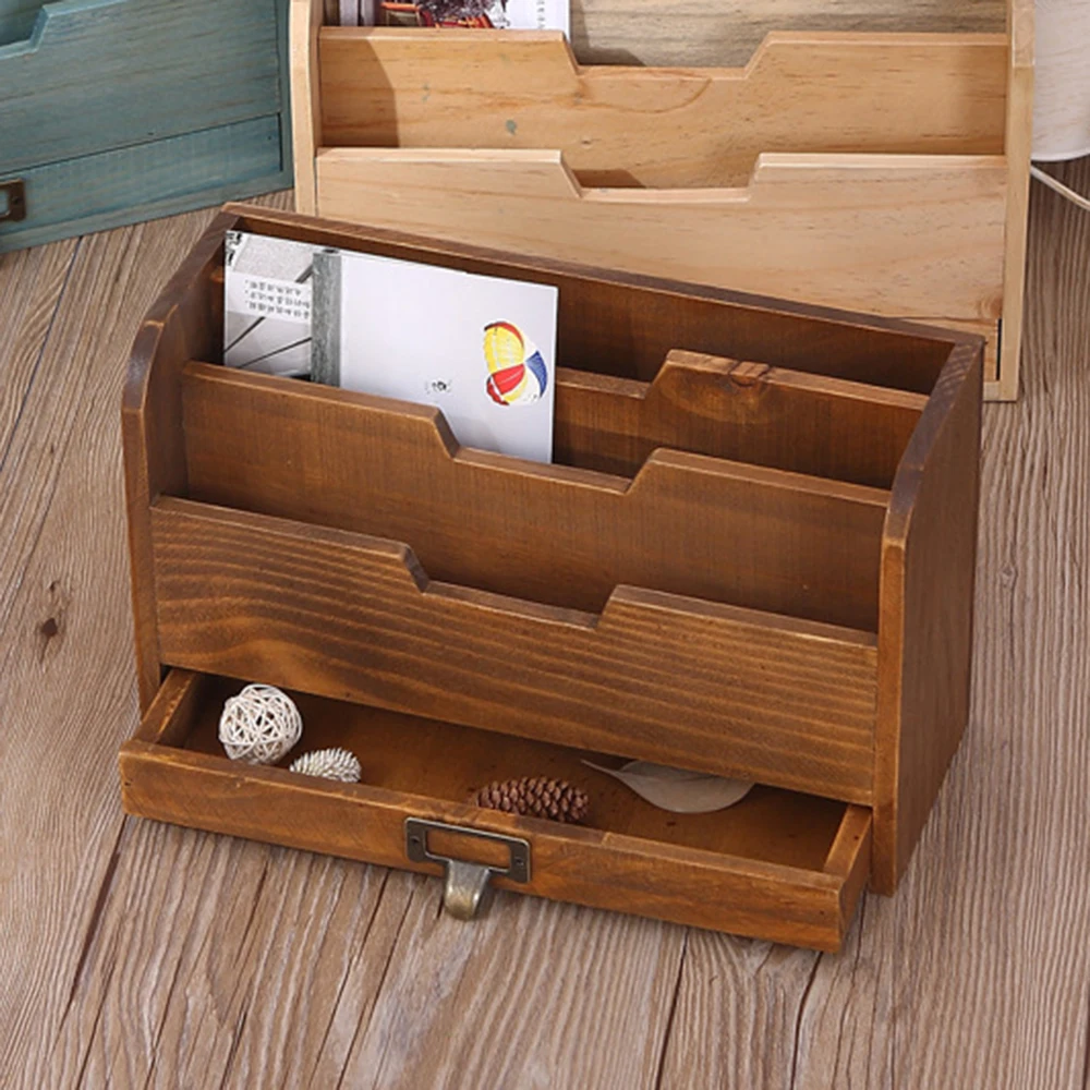 1PC Retro Wooden Desktop Drawer Style Storage Box Office Supplies Document Organizer Wood Box for Desktop Clutter Control 2