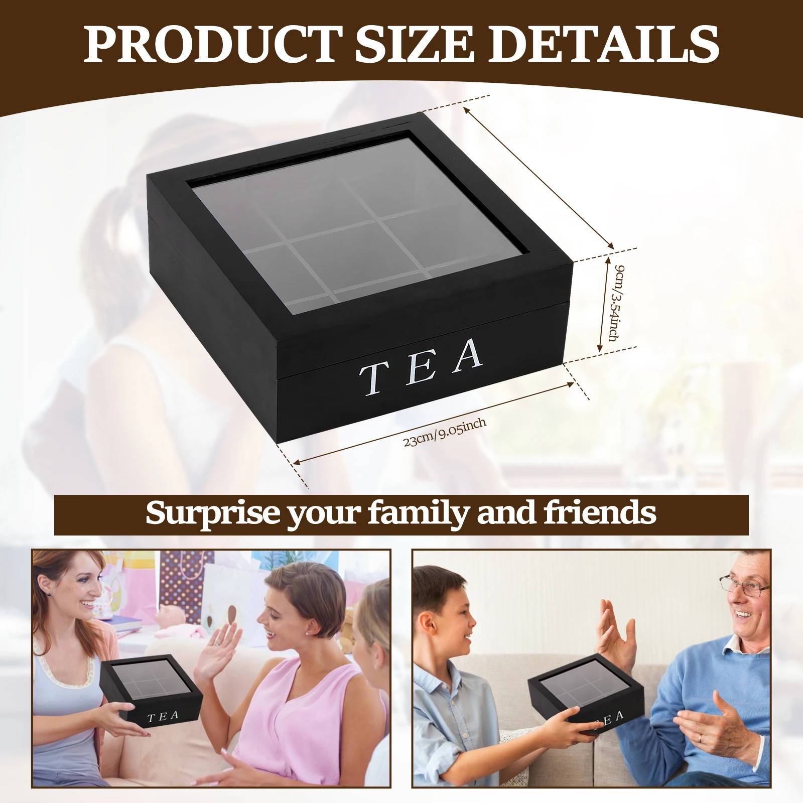 Wood Tea Bag Storage Box with Clear Lid 9 Compartments Square Container Desktop Jewelry Organizer Tea Box Case 6