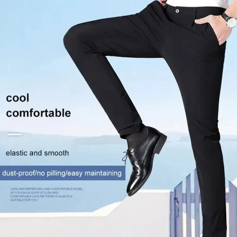 Suit Pants Men's Ice Silk Elastic Mid-waist Baggy Straight Business Trousers