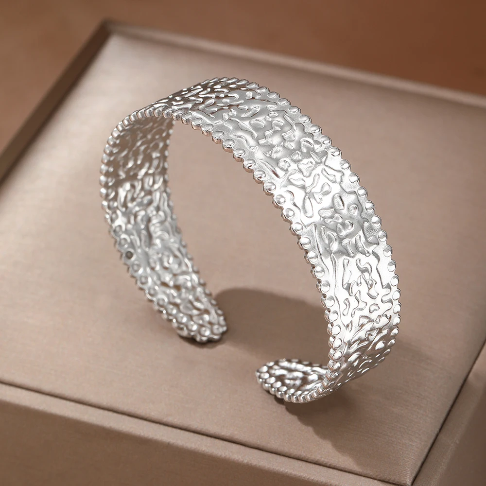 Stainless Steel Bracelet European and American classic delicate embossed pattern open-end bracelet Women's Jewelry Daily Match 4