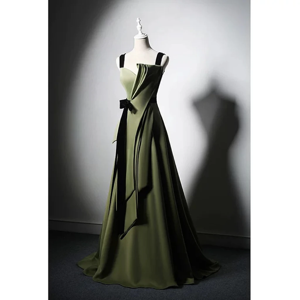 Olive Green Satin Prom Dress A-Line Spaghetti Strap Bow Ribbon Pleat Long Formal Wedding Graduation Party Elegant Evening Gowns