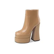 

Women Sexy Ankle Boots Genuine Leather Super High Heeled Platform Square Toe Ladies Shoes with Side Zipper Dress Weddings Pary