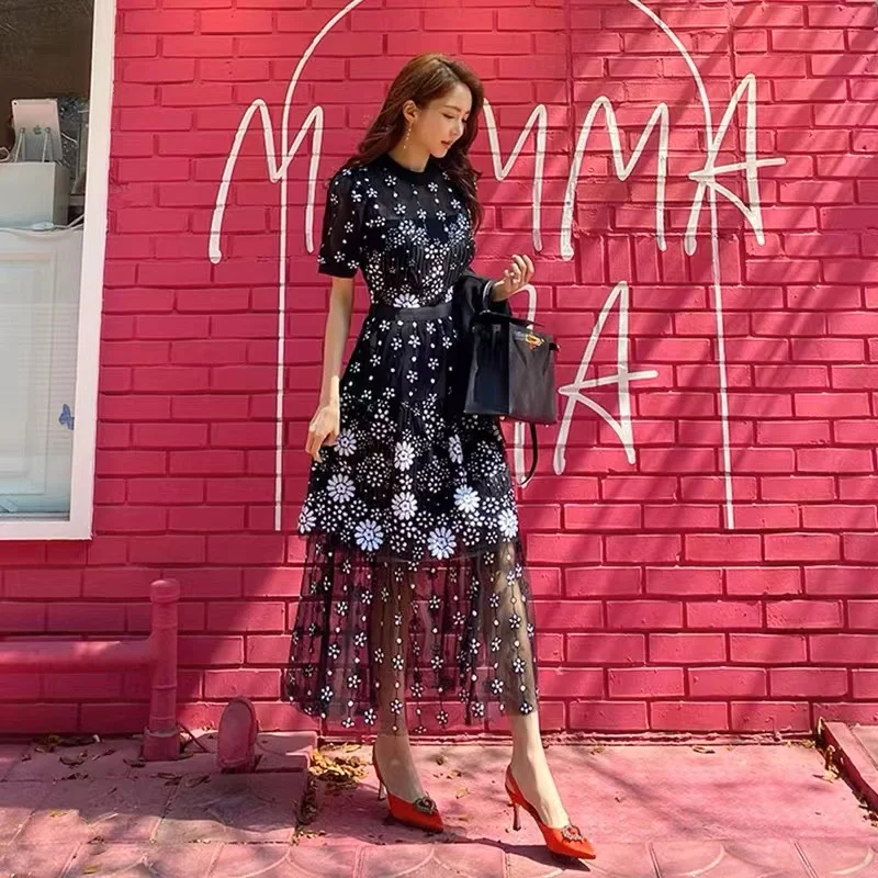 

2023 New Fashion Summer Mesh Midi Dress Elegant Women Flower Embroidery Ruffles Short Sleeve Ladies Holiday Party Vestido