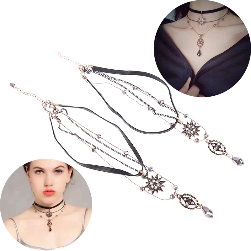 

Unique Jewelry Black Leather Choker Necklace Crystal Flower Tear-drop Pendant Antique 3 Layers Necklace Vintage