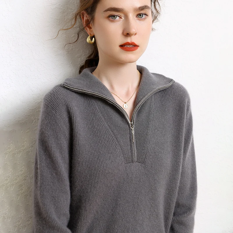 

Женские пуловеры на молнии, свитер с отложным воротником, 100% кашемировая трикотажная одежда, женские мягкие теплые Джемперы FN01