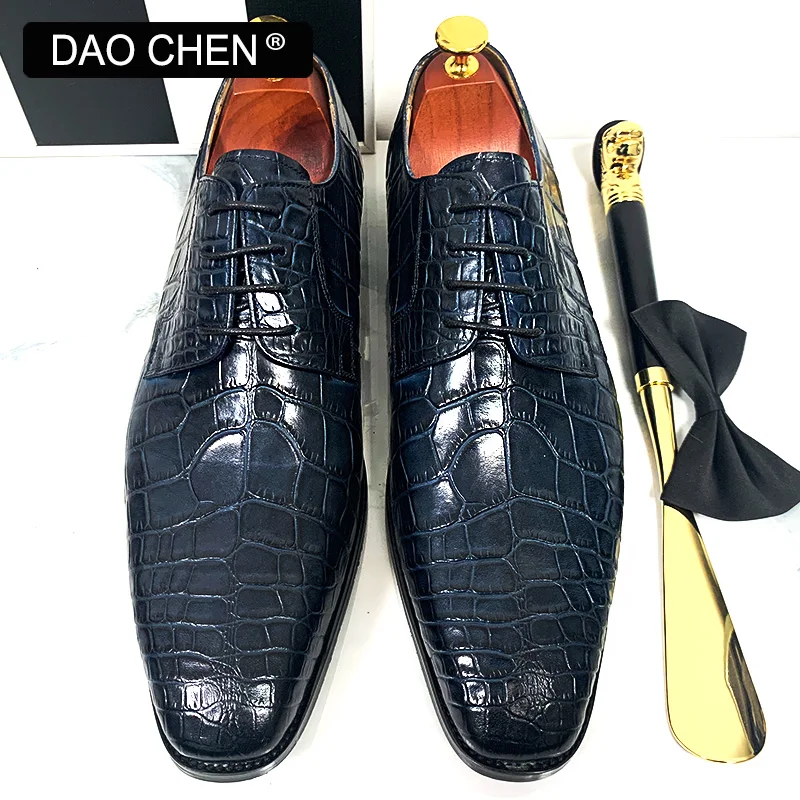 Mens Leather Dress Shoes DAOCHEN ITALIAN MEN LEATHER SHOES BLUE BLACK CROCODILE PRINT LACE UP CASUAL DRESS MAN SHOE OFFICE WEDDING SHOES FOR MEN