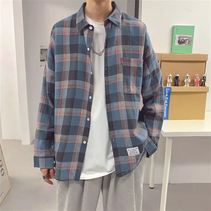 Spring and Autumn Trend Plaid Shirt Men's New Handsome Cotton Top Loose Korean Version Long Sleeve Large Size Coat Men's Shirt