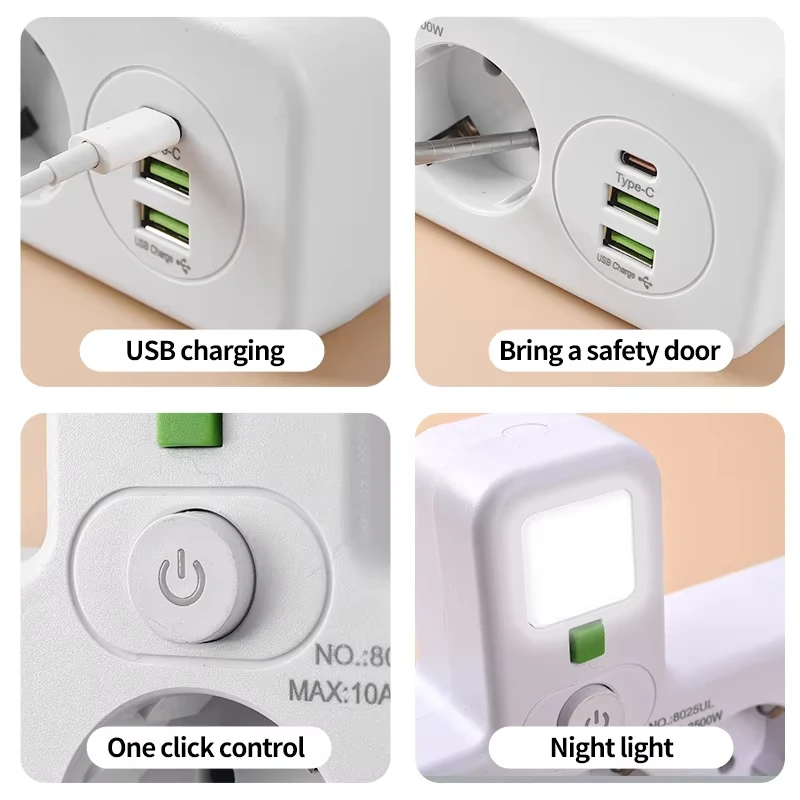 European Power Strip with USB & Type-C Ports, Independent Switch, and Night Light