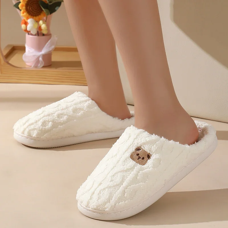 Cute Bear Embroidery House Slippers for Women Comfy Soft Sole Warm Home Plush Shoes Woman Autumn Winter Non Slip Cotton Slippers