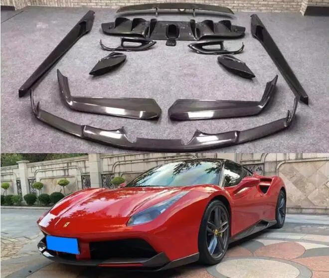 

Комплект из корпуса из настоящего углеволокна для Ferrari 488 GTB 2015-2021, передний бампер, губа, задний диффузор, боковая юбка, ветровой нож, спойлер, крышка лампы