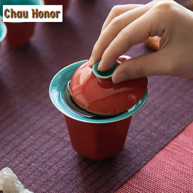 120ml Japanese Style Red Ceramic Covered Bowl Tea Cup Household Home Heat Resistant Hand Grasping Bowl Kungfu Teaset Accessories