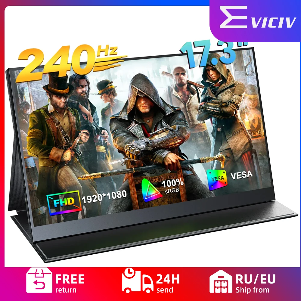 EVICIV 240Hz Portable Gaming Monitor 17.3" 1080P AMD Freesync 1ms 8 bit HDMI USB-C Laptop Display External Screen for Steam Deck