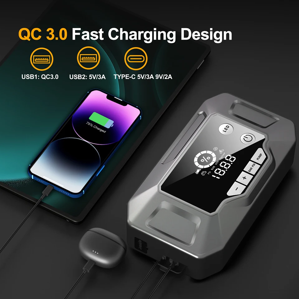 E-ACE150 PSI Fast Emergency Power Bank Car Clip Auto Igniter Jump Starter Tire Inflator Air Compressor USB Rechargeable