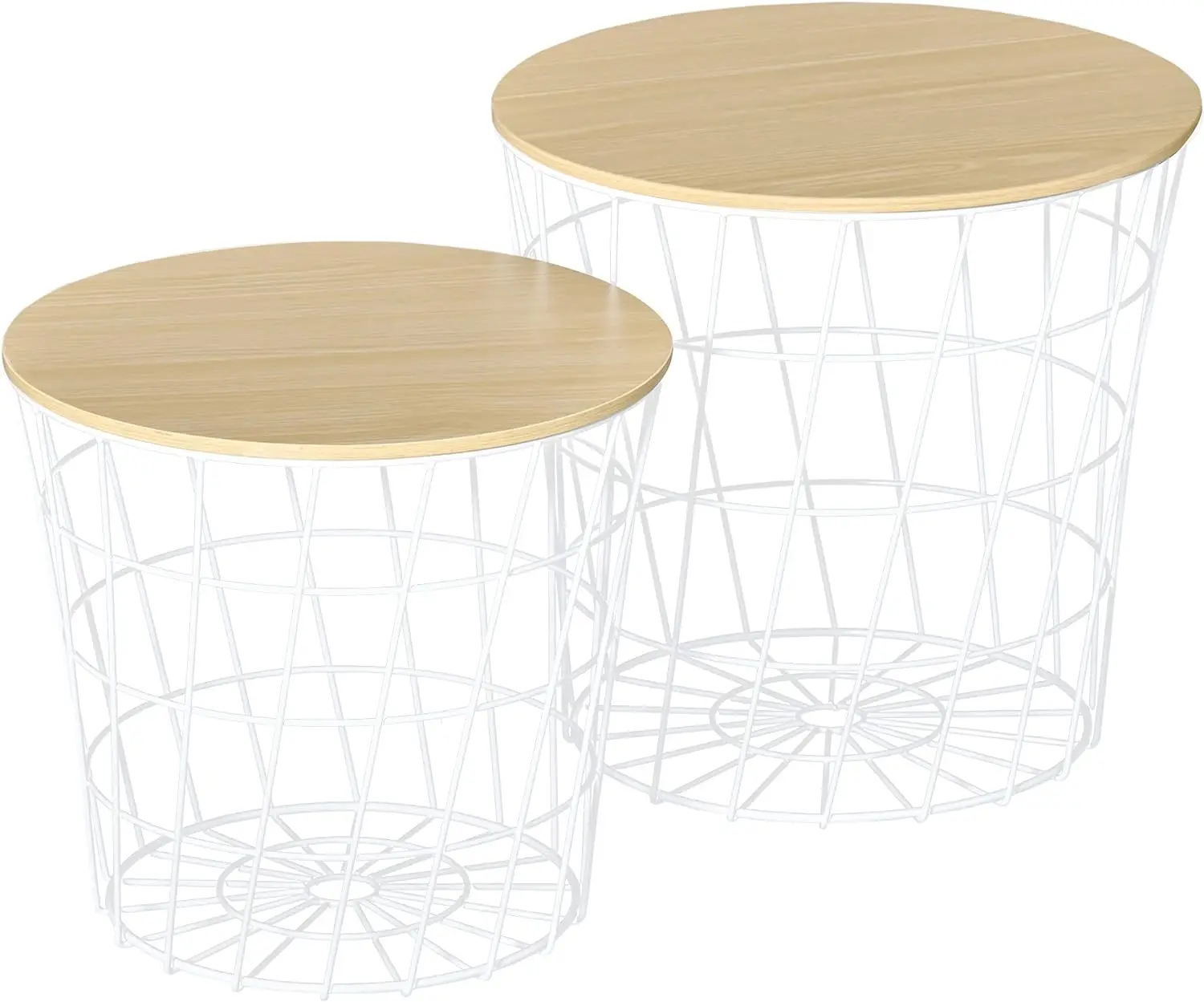 End Tables Set of 2, Nesting Tables with Storage, Round Accent Side Tables with Removable Top for Living Room, White/Natural