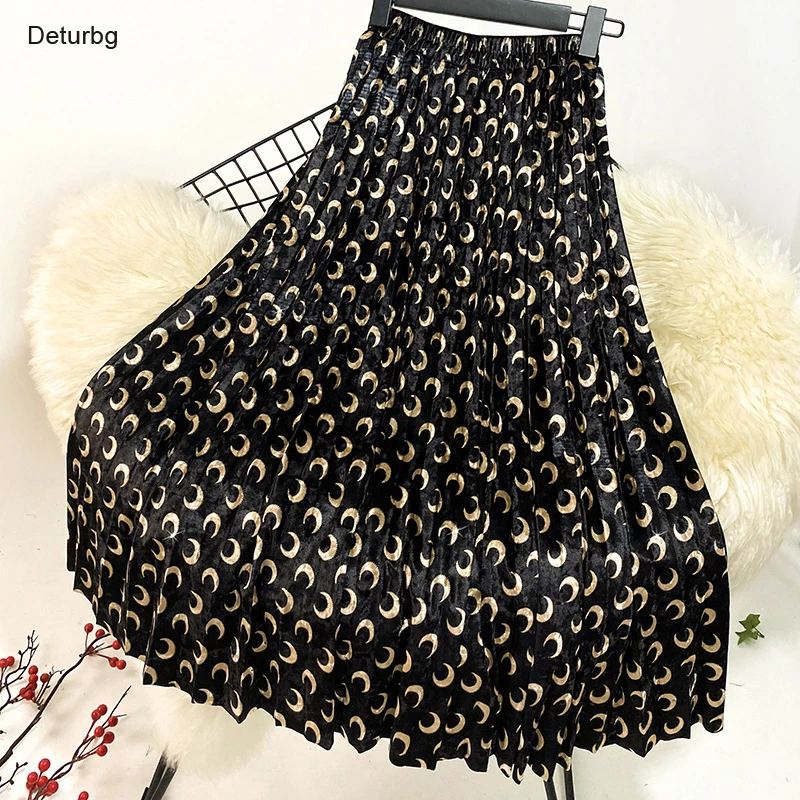 

Women's Advanced Velvet Midi Skirts Female High Waist Crescent Moon Hot Stamping Print Pleated Black Shiny Skirt Gift Box K49