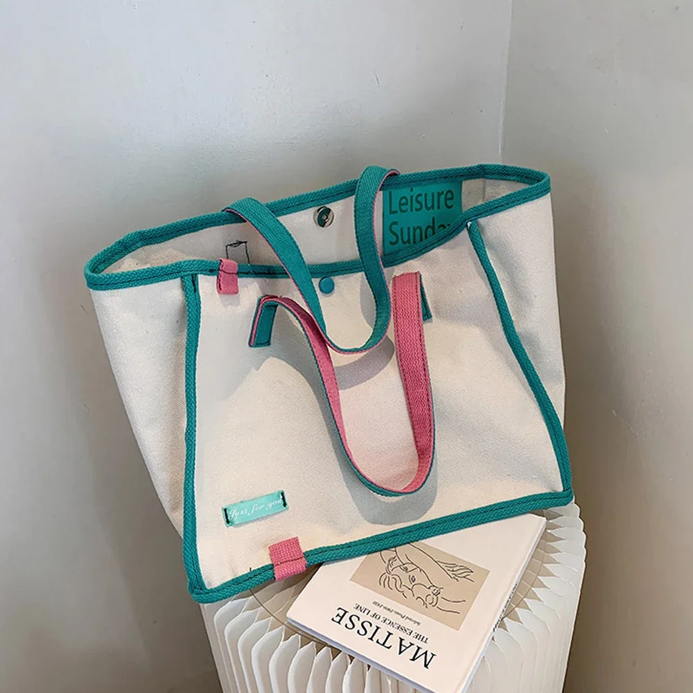 Contrast Canvas Tote Bags Women Fashion Simple Hasp Shoulder Bag Female Casual Versatile Large Capacity Shopping Handbags