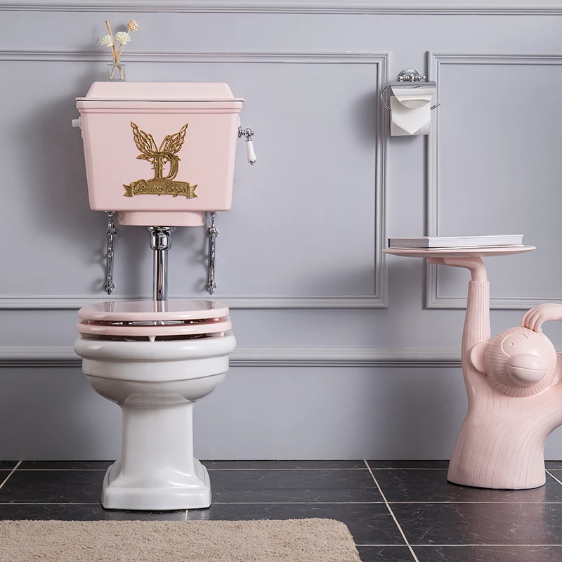 

British Style Retro Toilet Pink Aluminum Alloy Water Tank Split Toilet Mute Solid Wood Cover Light Luxury