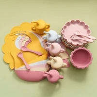 7PCS Baby Silicone Tableware Set Adjustable Bib Cartoon Lion Shape Placemat Bowl Plate Feeding Training Spoon Fork Portable Cup 2