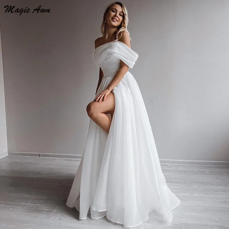 

Magic Awn Off The Shoulder Boho Wedding Dresses Thigh Slit White Organza Lace-Up Back A-Line Mariage Gowns Robes De Mariee