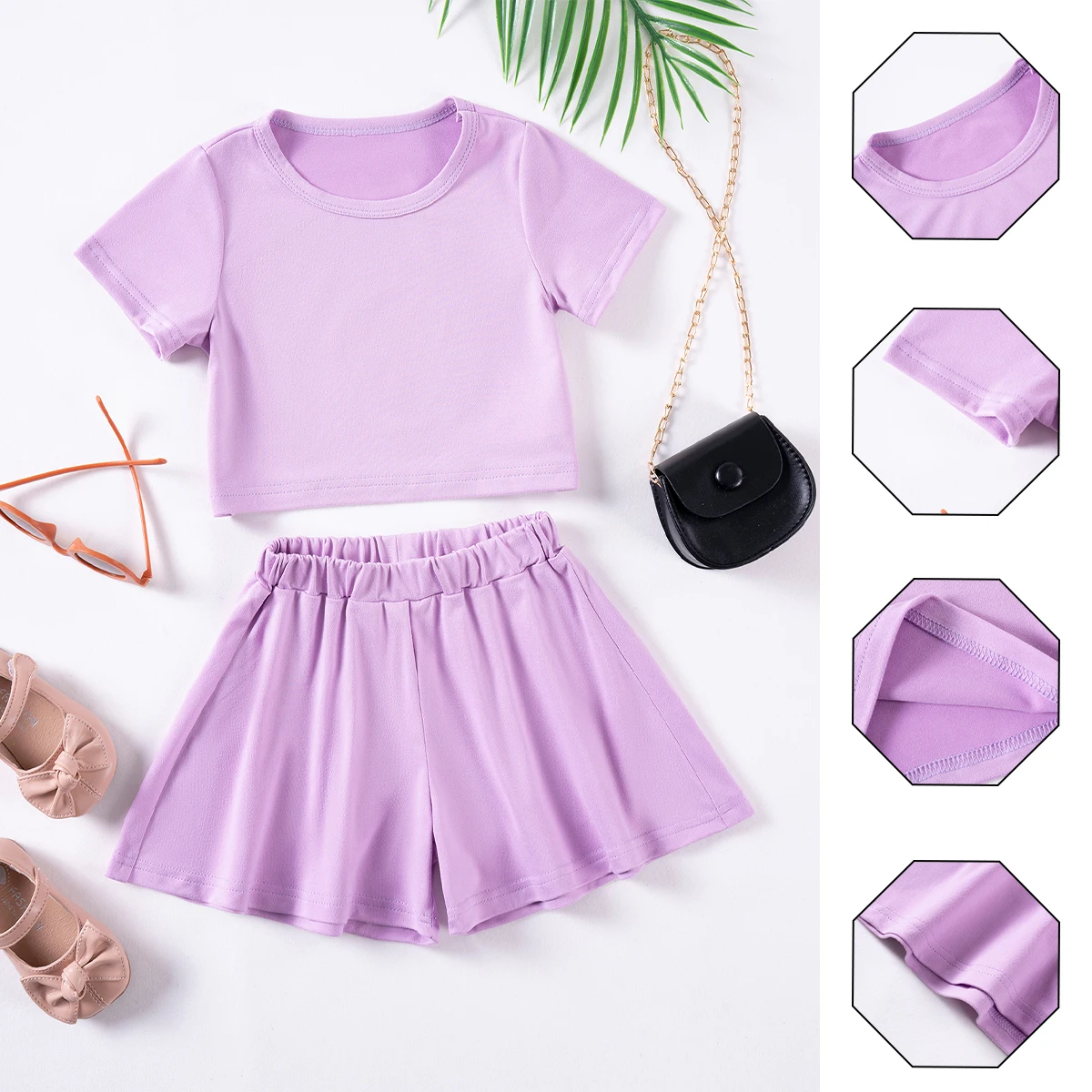

Girls Summer Suit Solid Color Children's Clothing Casual Two-piece Set Pullover Short-sleeved Top + Skirt Shorts Soft and Smooth