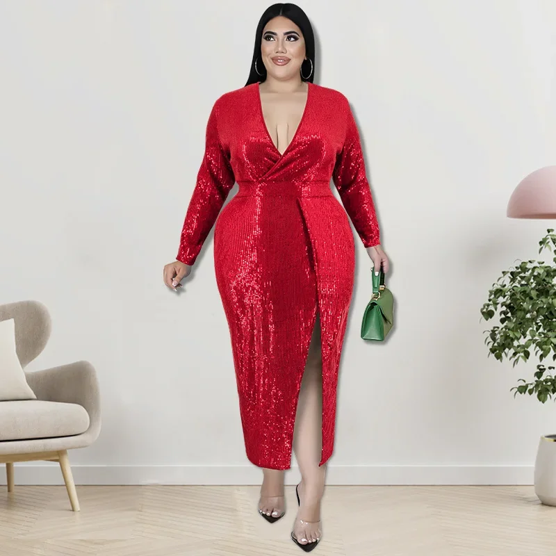 

WUHE Elegant Lady Party Plus Size Dresses Fashion Sequin Maxi Dress Sexy Deep V Neck Long Sleeve Prom Evening Dresses for Women